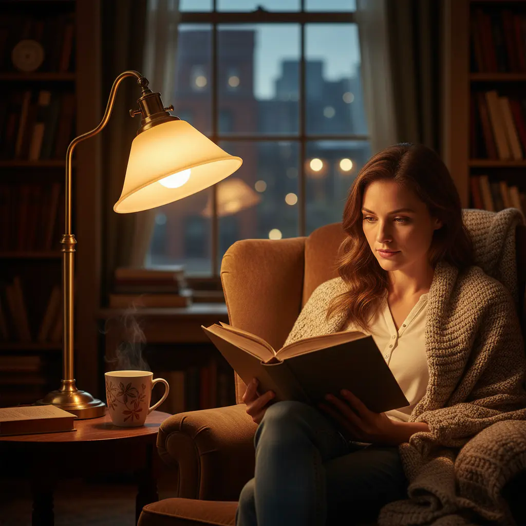 Persona leyendo de noche